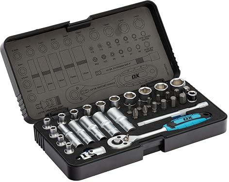 OX Trade 1/4 Drive Socket Wrench Set, 35pcs Metric Impact Socket Set with 72T Ratchet Handle, Extension Bar, Universal Joints for Car Bike Household Repair