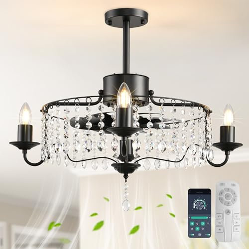 Ganeed Ceiling Fans Chandelier with Lights Crystal Pendant Lamp 50 cm Timing Function 6 Wind Speeds with Remote Control for Dining Room Bedroom Black 4 Lights