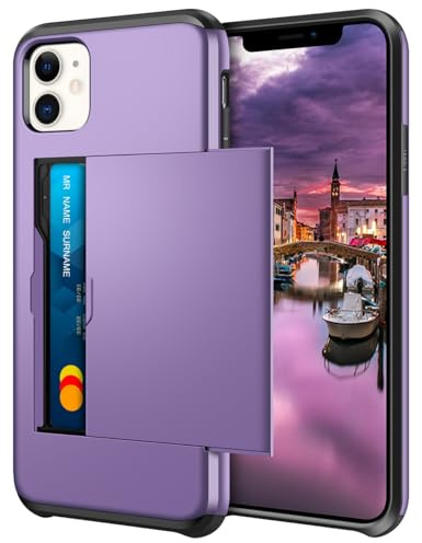 Coolden for iPhone 11 Case with Card Holder Wallet Cover Grey Purple | Shockproof Protective Heavy Duty Hard Back Soft TPU Bumper, Phone Cases Card Slot Wallet Cover for iPhone 11 Phone Case