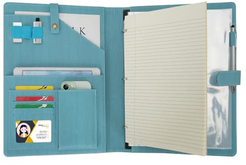 Wonderpool Porte-documents en Cuir A4 Padfolio Anneaux Planchettes à pince Classeur Ramovible avec Portebloc Notes et Organiseur Multi-poches pour Bureau Conférence Réunion et Travail (Bleu clair)