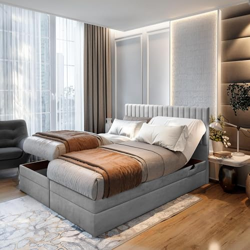 TRADA Boxspringbett ADÈLE 200x200 cm, elektrisch Bett mit Matratze + Tooper | Stoffbezug Veloursstoff, Bettkasten mit Gasautomaten, Hellgrau
