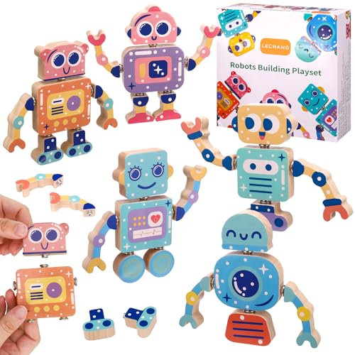 Kaisibum 5 Stück Bauklötze Holz Roboter Bauklötze Spielzeug mit Buttons, Spielzeug ab 3 4 Jahre, Feinmotorik Motorik Konstruktionsspielzeug für Mädchen Jungen
