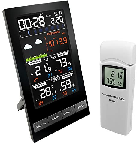 GZKDKZB Estación meteorológica Digital LCD, termómetro con Alerta y Temperatura, Humedad, barometría, pronóstico, Fase Lunar y Despertador para Interiores y Exteriores, hogar y Oficina