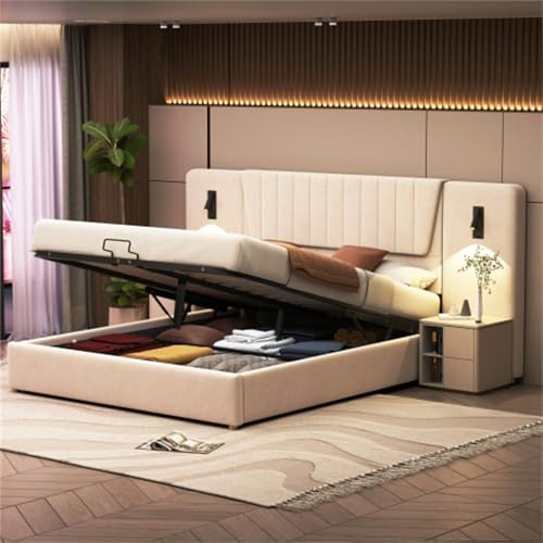 Cama tapizada hidráulica 180x200 Cama Doble King Size con Respaldo extralargo y Espacio Almacenamiento lámpara de Lectura con dirección Ajustable con Puerto de Carga USB Familiar Cama Invitados Beige
