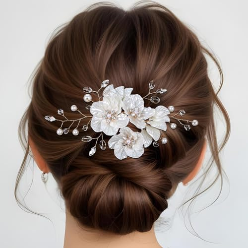 YQQYG Lot de 2 accessoires de cheveux de mariage - Accessoires de cheveux en perles - Pinces à cheveux florales - Épingles à cheveux à fleurs blanches - Pour mariage et femme