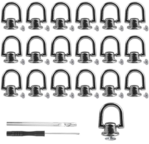 LuminaryLair 20 Stück Ring Schraubnieten Schwarz mit D Ring, 15mm | Drehbare D Ringe Rivets, Pull Ring Nieten, Kopf Button Stud, für DIY Geldbörse Lederkragen Gürtel Handtasche