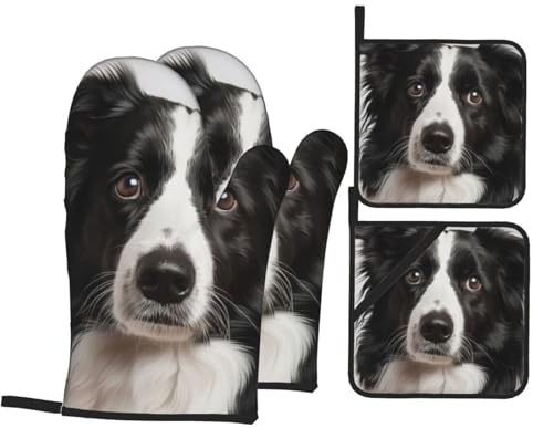 4 Pcs Border Collie Oven Mitts and Potholders,Kitchen Oven Glove with Pot Holders,Non-Slip Gloves High Heat Resistant 500 Degree for BBQ, Grill, Baking, Cooking, Oven, Microwave