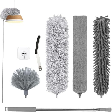Fogray Staubwedel Teleskop Waschbar Duster Lang Ausziehbar Bis 254cm | 7PCS Spinnenwebenentferner Staubwischer mit Teleskopstange, Staubfänger für hohe Decken Deckenventilator Lücken, Grau