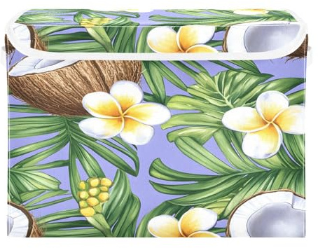 Contenedores con tapas, diseño de hojas de palma de coco tropical, organizador plegable de tela con tapa, cajas de almacenamiento plegables para el hogar, dormitorio, armario, oficina