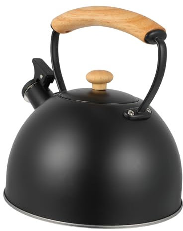 KICHOUSE Bouilloire Sifflante Avec Poignée Bois Épaisse Acier Inoxydable Pour Cuisinière Et Induction Maison Et Camping Design Vintage Noir