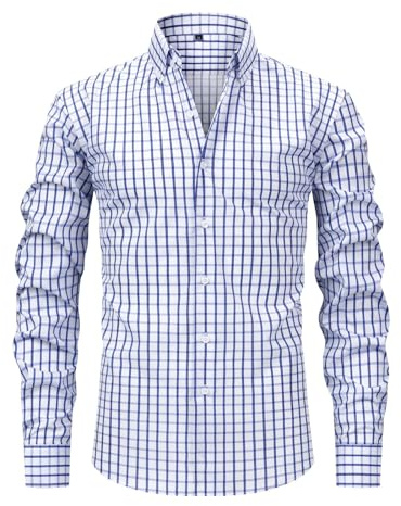 Foweknow Chemise à manches longues pour homme - Col à revers - Chemise à carreaux boutonnée - Chemise d'été décontractée - Chemise de bûcheron - Coupe droite - Avec poches - Respirant - Légère, Bleu