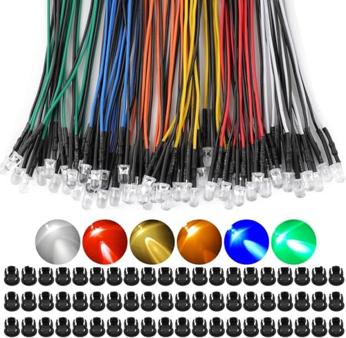 Linkstyle 60PCS LED Light Emitting Diodes, 12V 5Mm Pre-wired LED Diodes Lamps with Holders, 12V Small Mini Single Bulbs for Car Model Electronics, White Red Yellow Green Blue Orange,10pcs Each