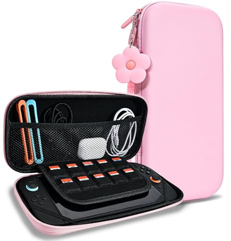 DLseego Carry Case for Switch 2, Portable Travel Hard Shell Storage Bag, Large Capacity Carrying Case with 1PC Flower Charm,Pink