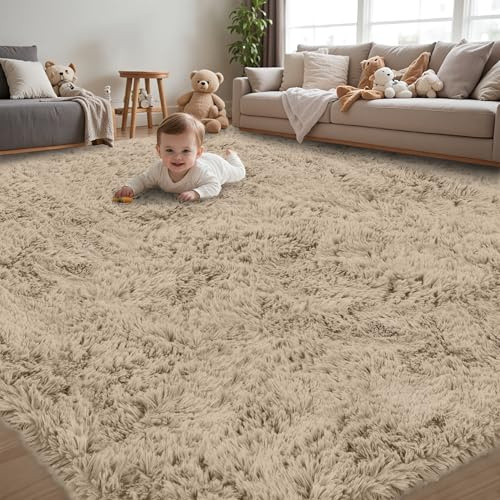 8x10 Area Rug for Living Room:Ultra Soft Fluffy Shag Beige Rugs,Large Fuzzy Plush Indoor Non Slip Carpet Washable Rug for Bedroom Kids Nursery Office Dorm Modern Decor(Beige 8'x10')
