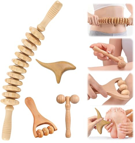 HOVCEH 4 Stück Faszienstab Holz, Faszienrolle für Rücken, Nacken, 12 Runden Massageroller mit Griff zur Muskelentspannung, Massageroller Holz, Lindert Müdigkeit & Cellulite für Zuhause, Reisen, Büro