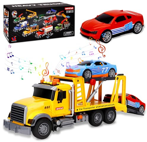 KIMIGO Carroattrezzi Giocattolo,Camion Carro Giocattolo con Luci e Suoni,Grande Carro Veicolo di trasporto,Autocarro di Soccorso con 2 Auto da Corsa,Regalo per Bambini 3 4 5 6 7 8 Anni
