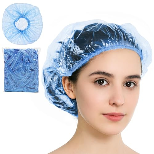100 gorros de ducha desechables, gorros de ducha desechables, impermeables, esenciales para el hogar, hotel, viajes, color azul