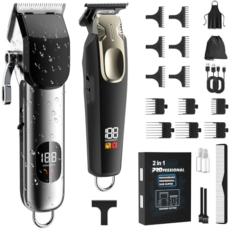PKBD Hair Clippers Cordless, USB Rechargeable Beard Trimmer Men Professional with Adjustable Ceramic Blades, LED Display, 22 Accessories, Electric T-Blade Hair Trimmer for Men with Gift Box