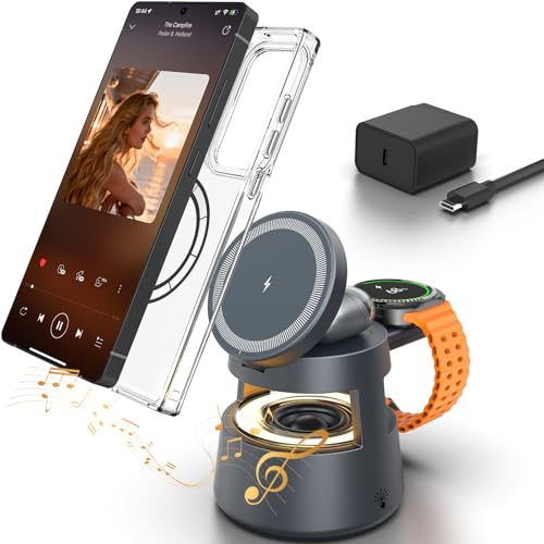 5 in 1 Magnetic Wireless Charger for Samsung, Magnetic Charger for Samsung Galaxy S26/S25 Ultra/Z Fold7/Flip, Watch 8/Ultra/7/6/5, For Galaxy Buds 3 Pro/2, with Bluetooth Speaker and Night Light