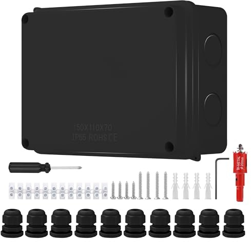 Junction Box Outdoor Waterproof Junction Box Surface-Mounted IP65, 150 x 110 x 70 mm Terminal Box Surface-Mounted Junction Box M20 for Diameter 6-12 mm Cable (Black)