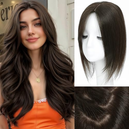 OOPPOO Hair Toppers for Women Real Human Hair, Realistic Biological Scalp Toppers HairPieces for Women with Thinning Hair Middle Part Clip in Bangs Big Base 360° 3D Cover (Dark Brown, 14 Inch)