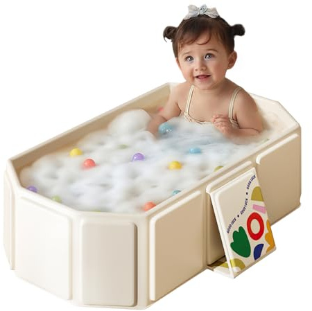 Faltbare Kinderbadewanne – Multifunktionale Badewanne für Dusche, platzsparend und tragbar, ideal für Kinder von 0-8 Jahren – Faltbare Badewanne für Zuhause und Reisen mit Abflussstopp (Beige)