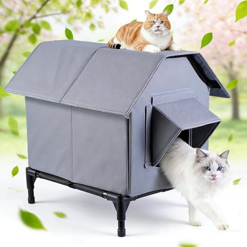 Outdoor Cat House, Outdoor Waterproof Cat House, Large Cat Shelter, Pet House with Elevated Base, Feral Cat Shelter, Insulated Pet Tent Feral Cat Kennel for Multiple Cats and Small Dogs