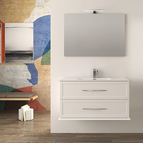 Yellowshop - Mobile bagno sospeso 100 cm MDF Ted, Mobile con lavabo in ceramica, specchio filo lucido e applique LED 30 cm, 2 cassetti in metallo con guide regolabili, maniglie cromate, Bianco Opaco