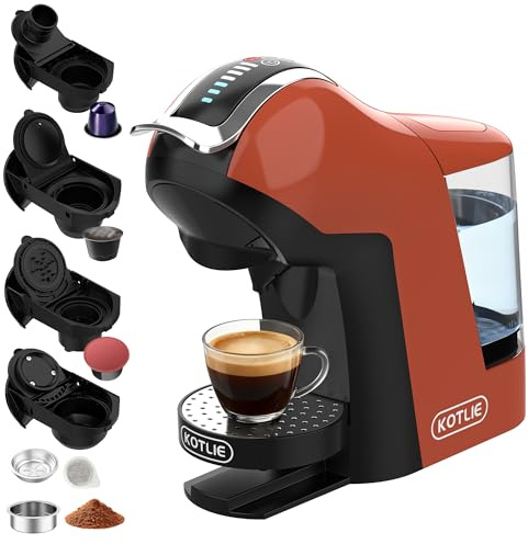 KOTLIE Cafetera de cápsulas, compatible con cápsulas NES/DG/MIO/ESE y café molido, depósito de agua de 1 litro, 3 temperaturas de preparación, 5 en 1, 308B (naranja-rojo)