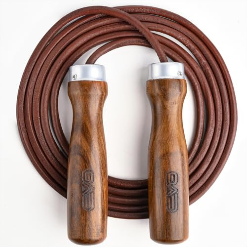 EVO Fitness Leather Adult Indoor Gym Skipping Jump Speed Rope Wooden Handle Home Exercise Fat Burn Training Workout Boxing MMA (Brown)