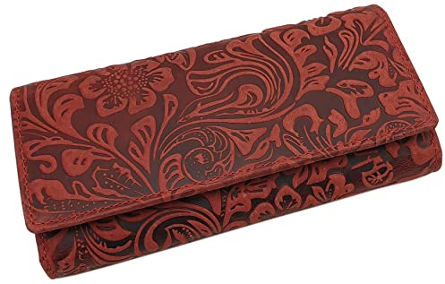 Große Vollrindleder Damen Geldbörse/Geldbeutel/Portemonnaie/Geldtasche/Portmonee mit Lianen Prägung oder ohne Prägung und RFID & NFC Schutz inkl. Nähset (Mit Lianen Prägung/Kirschrot)
