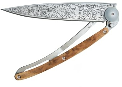 deejo – Klappbares Taschenmesser 37 g mit Gürtelclip – Griff aus Wacholderholz, Klinge aus Edelstahl Z40C13 – Motiv Jugendstil – Tischmesser, Wandern, Camping, Biwak