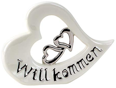 Lifestyle & More Moderne Skulptur Dekofigur Herz aus Keramik weiß und Silber 22x16 cm