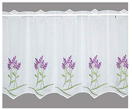 atelier alles-Spitze Stilvoll bestickte Kurzgardine Lavendel Stickereigardine in weiß-lila-grün | Transparente Küchengardine | Höhe x Breite 55 x 96 cm