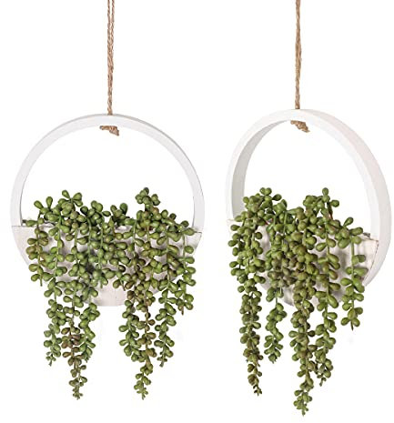 Floweroyal 2pcs Artificial Succulents Hanging Plants 12.2'' Fake String of Pearls in Pot with 8.3'' Lanyard for Indoor Outdoor Wall Decor.
