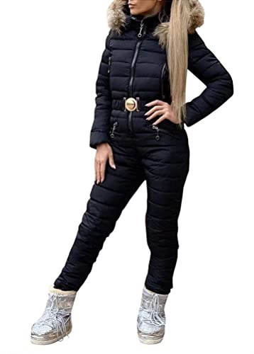 Minetom Damen Einteiliger Skioverall Winter Warm Schnee Skifahren Sätze Outdoor Jumpsuit Langer Overall mit Kapuze Reißverschluss Skianzüge Wasserdicht Winddicht Schneeanzug