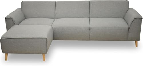 DOMO. collection Ecksofa Jules FK, skandinavisches Sofa mit Federkern, Couch Garnitur mit Holzfüßen, 268 x 159 x 81 cm (BxTxH), Eckganitur mit Longchair links, silber | Longchair links mit Federkern und Holzfüßen in L-Form mit Biese-Naht, 268 x 159 x 81 cm (BxTxH), komfortabel