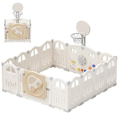 UBRAVOO Faltbarer Baby-Laufstall mit Mini-Basketballkorb und 50 farbigen Pit-Bällen, Auto-Laufstall für Babys und Kleinkinder, großes und lustiges Indoor-Aktivitätszentrum(14 Felder, Milchig-weiß)