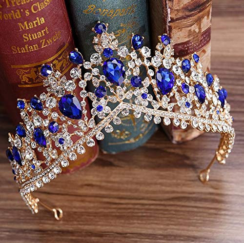 FAMoUsGoods Handgemacht Crystal Big Crown Kopfbedeckung Braut Hochzeit Hair Accessoires Schmuck Braut Tiaras Prinzessin Kronen Hochzeit Stirnband (Metal Color : H001 Gold Blue)