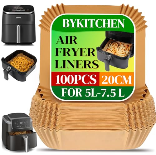 BYKITCHEN 100 Stück Airfryer Backpapier für Philips 6.2L/COSORI 5.5L,6L,6.2L, 20cm-24cm, Heißluftfritteuse Backpapier, Airfryer Zubehör für Tefal 5L,Ninja Speedi5.7L Fritteuse