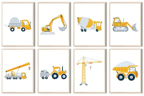 MeinBaby123® Bilder Baufahrzeuge | 8er Set DIN A4 | Bagger, Kran, Baumaschine, Kipplaster | Poster Kinderzimmer | Deko Bilder Kinderzimmer Junge | Babyzimmer | Premium Qualität (Bagger V5)