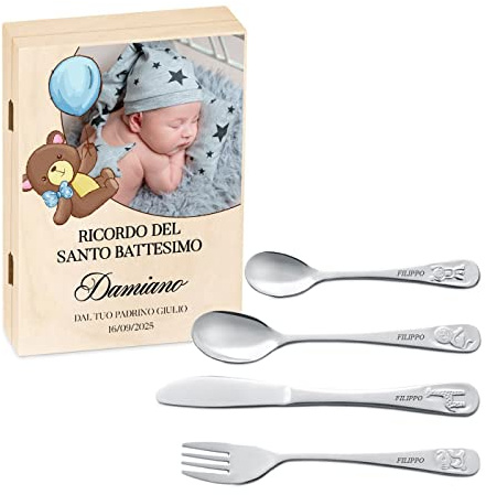 Maverton Set di 4 posate per bambini con incisione + scatola in legno con stampa personalizzata - motivo animali - idea regalo neonato maschio - regalo di Natale - orso