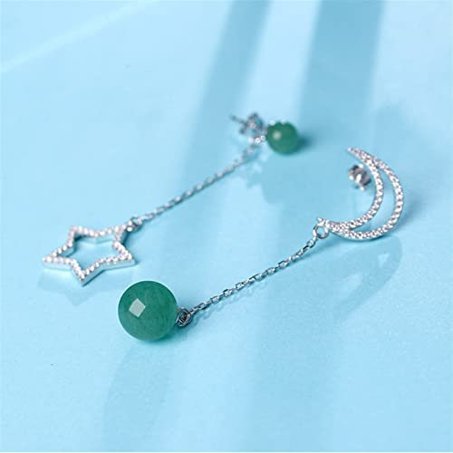 Damen-Luxus-Elegante Lange Edelstein-Anhänger-Ohrringe Sterne und Mond asymmetrische Ohrringe Damen-Mode-Party-Ohrringe High-End-Ohrringe (Edelsteintyp: Dongling Jade)