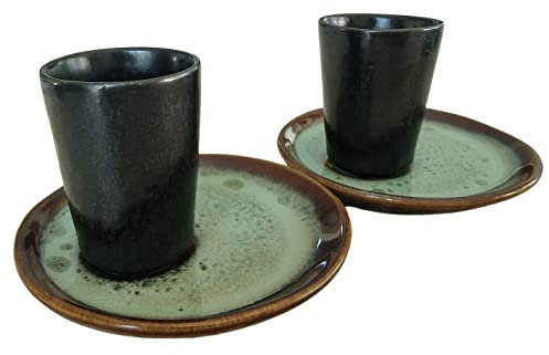 PintoCer - Juego de Tazas para Café Espresso en Ceramica de Gres sin Asa (Negro/Verde, 2)