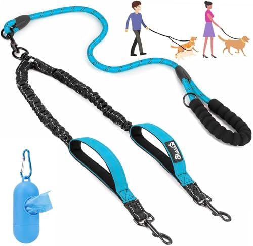 SlowTon Double Dog Lead for Walking 2 dogs 360° No Tangle, Adjustable | Heavy Duty Reflective Dual Splitter,Soft Padded Handle,Comfortable Shock Absorbing Leash,Walking 2 Small Medium Dogs