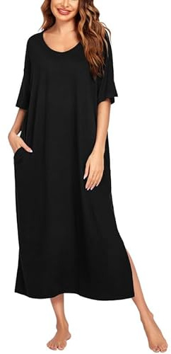 Ekouaer Long Nightgown for Women Short Sleeve Sleepwear Plus Size Loungewear with Pockets Black XXXL