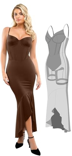 Popilush Corset Dress Built in Shapewear - Formal Dress for Women Deep V Neck Maxi Slip Bridesmaid Dresses for Wedding Brown