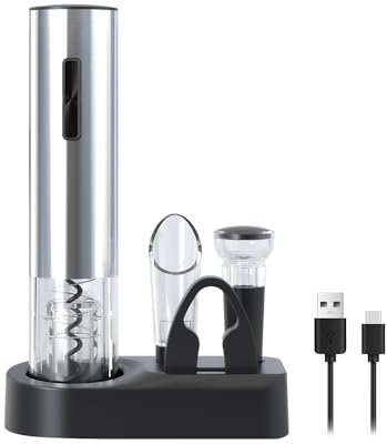 ELMWAY VinoLux Series Rechargeable Wine Opener Set by ELMWAY – Electric Corkscrew with Foil Cutter, LED Light & Stainless Steel Shell, Wine Aerator Pourer, Vacuum Stopper & Base – Gift for Wine Lovers
