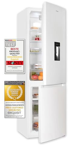 Exquisit® Frigorifero Combi, 251L, Classe C, Colore Bianco, Tecnologia No-Frost, Dispenser di acqua, Cassetto Verdolero, Ripiani in vetro, Altezza regolabile, Consumo 141 kWh/anno, Misure 180,5 x 54 x