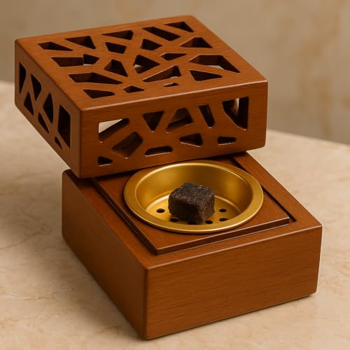 Brown Resin Bakhoor Burner Box – Incense Holder with Gold Bowl & Cut-Out Lid | Charcoal Compatible | Aromatherapy Burner for Home, Prayer, Meditation, Eid & Ramadan Gifting JR23081 (Brown)